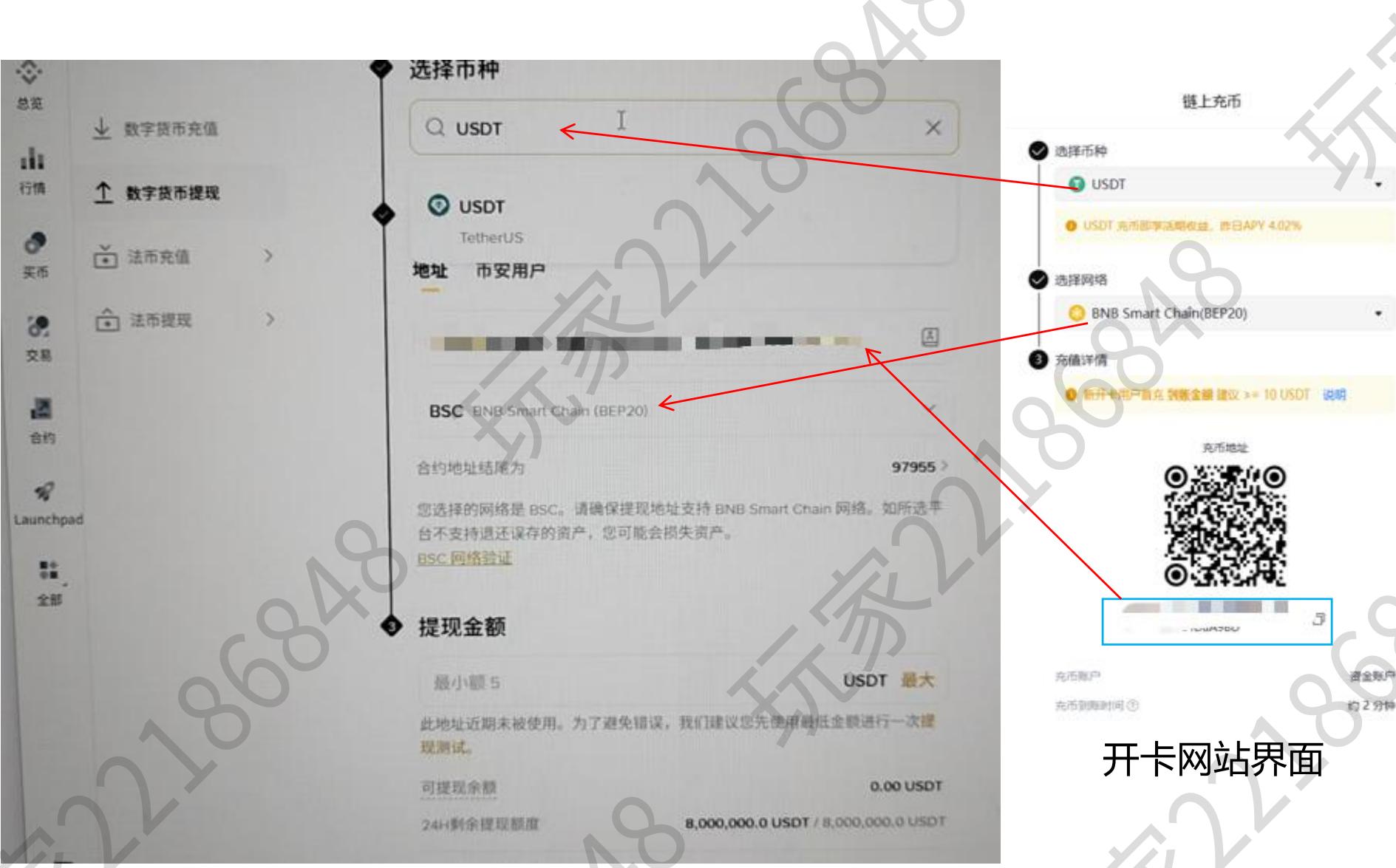 币安提现页与 Roogoo 链上充币页对照：USDT、BSC 网络、地址一致