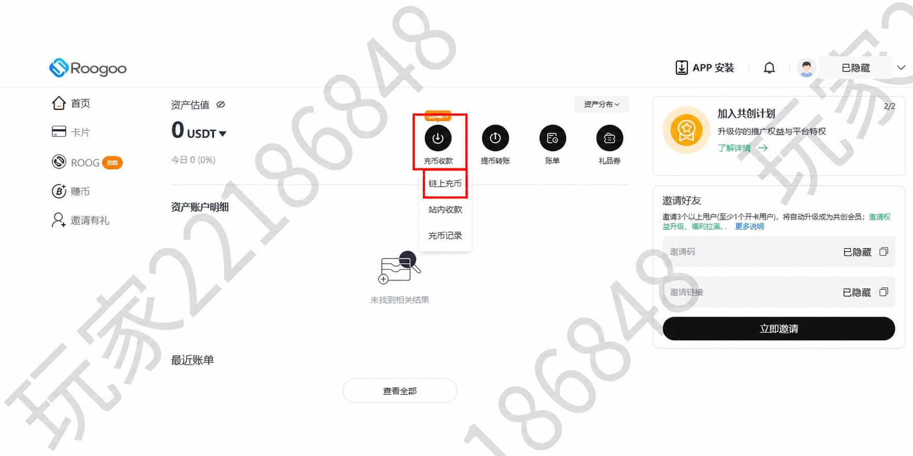 Roogoo 首页：充币收款下拉菜单中的链上充币
